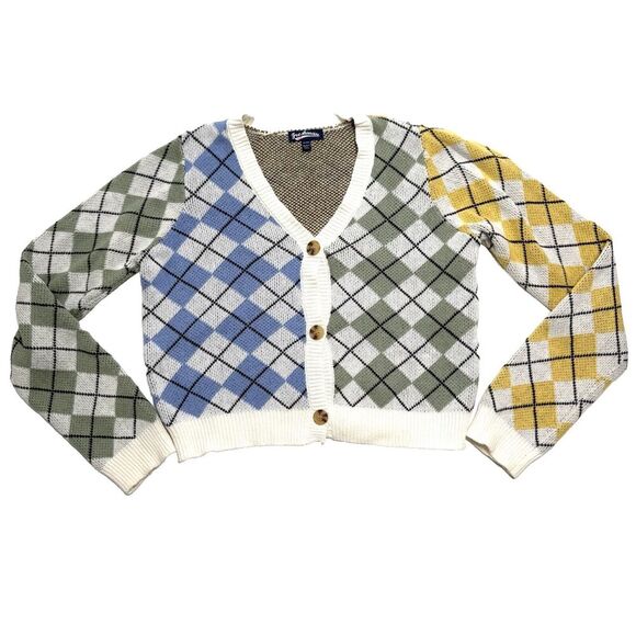 Freshman 1996 Plaid Argyle Multi Colorblock Cardigan Size XL (16) Button Preppy - Picture 1 of 8